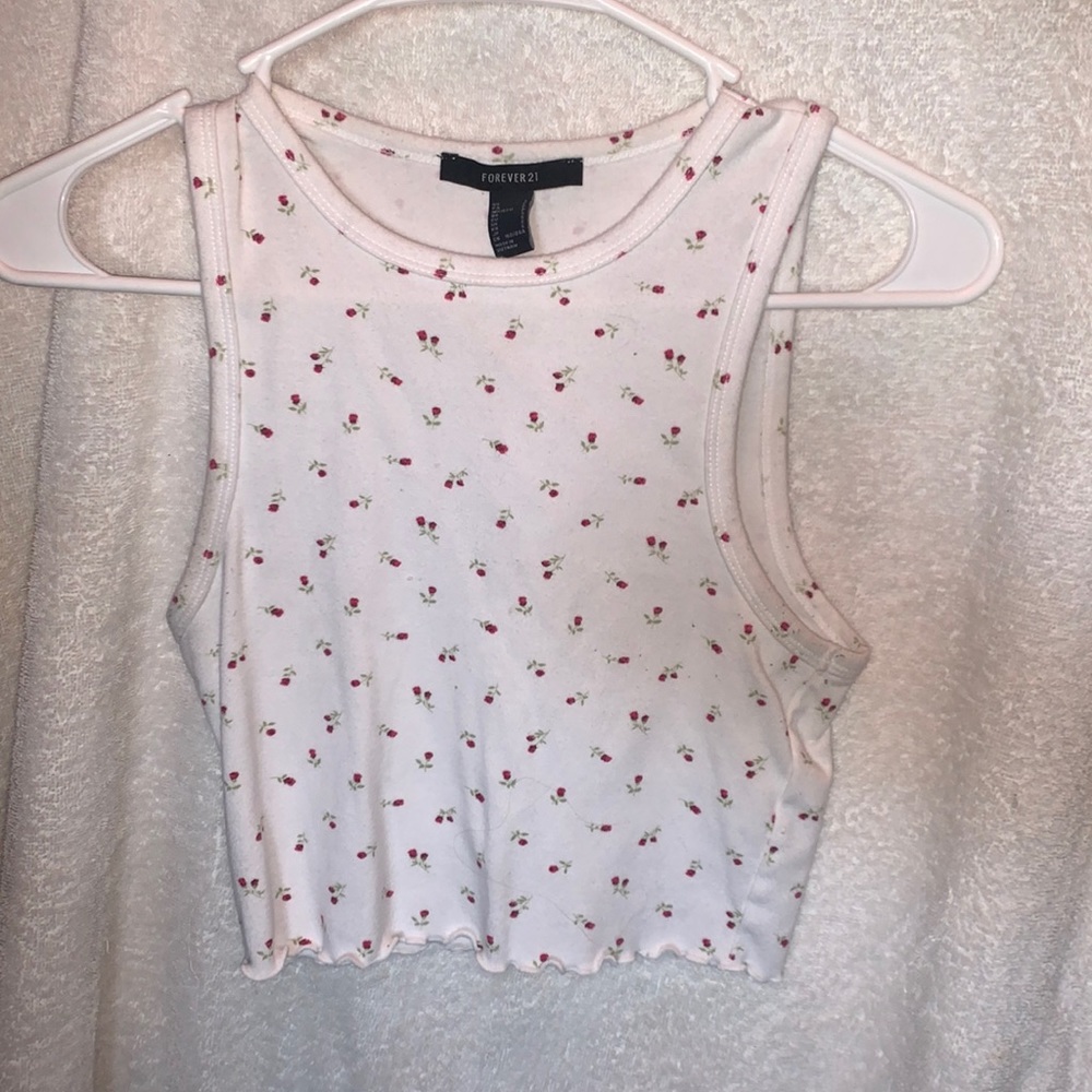 white cropped tank top with rose design
